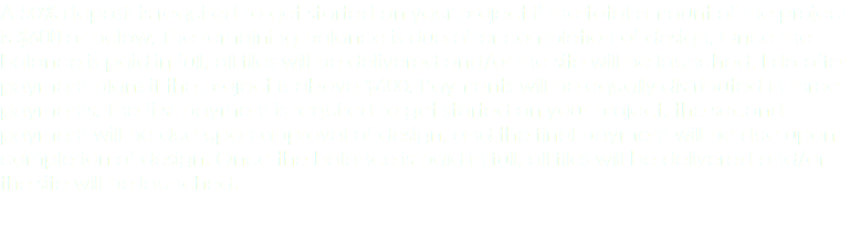 A 50% deposit is required to get started on your project if the total amount of the project is $600 or below. The remaining balance is due after completion of design. Once the balance is paid in full, all files will be delivered and/or the site will be launched. I do offer payment plans if the project is above $600. Payments will be equally distributed in three payments. The first payment is required to get started on your project, the second payment will be due upon approval of design, and the final payment will be due upon completion of design. Once the balance is paid in full, all files will be delivered and/or the site will be launched. 