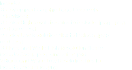 Includes: 3 Customized Graphic Logo Concepts 2 Revisions 3 Color High Resolution files to include .jpeg, .png, and .ai or .psd 2 Color Low Resolution files to include .jpeg and .png 3 Black and White High Resolution files to include .jpeg, .png, and .ai or .psd 2 Black and White Low Resolution files to include .jpeg and .png