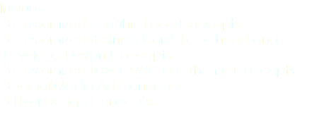 Includes: 3 Customized Graphic Logo Concepts 3 Customized Business Card, Letterhead and Envelope Design Concepts 3 Customized Level 2 Website Theme Concepts 3 Social Media Ad Concepts 3 Flyer Design Concepts 